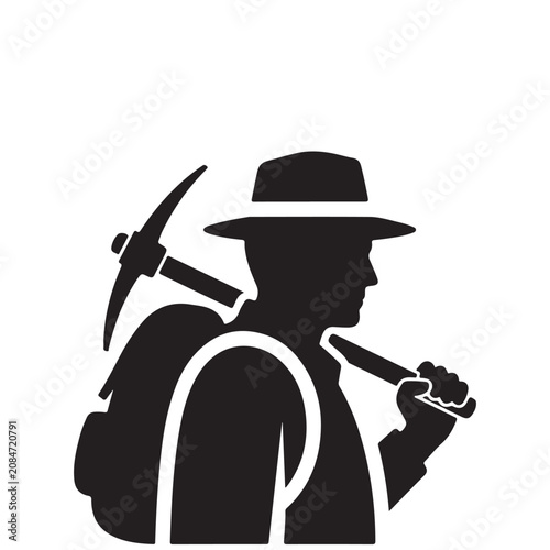 Bild auf Leinwand Prospector silhouette with pickaxe and backpack vector icon for mining explorati