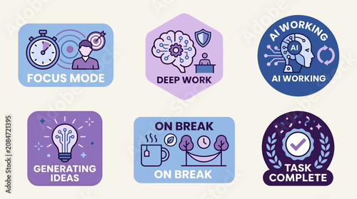 Purple and blue productivity icons set.