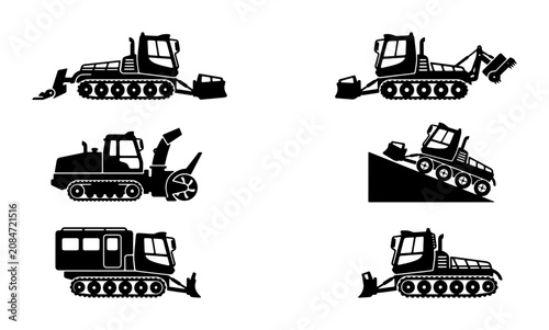 Fotografie Snow Groomer Vector Icons, Snowcat Machine Set, Winter Maintenance Equipment, Sk