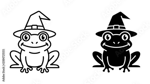 Fotografie Halloween Frog Duo: A whimsical pair of frogs, each adorned with a pointy witch's hat, one rendered in a simple outline and the other as a solid silhouette, embodying playful holiday spirit