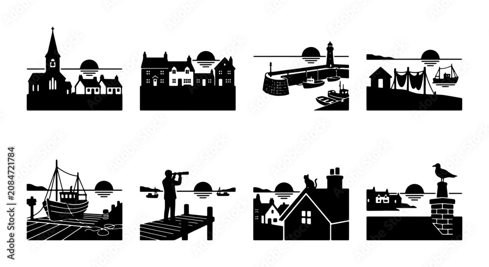 Obraz premium Coastal Village Silhouettes, Seaside Town Scenes, Nautical Village Icons, Maritime Village Graphics, Black and White Vector Art Collection