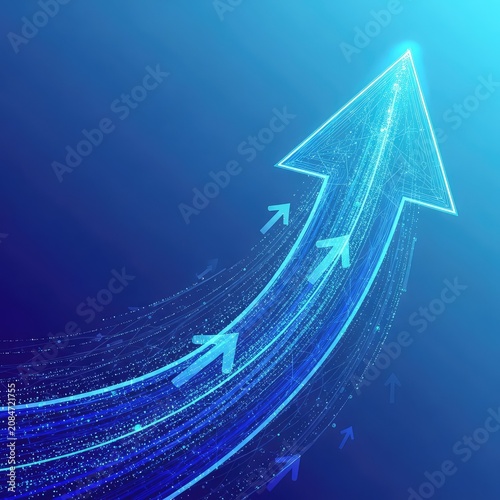 Abstract digital art illustrating exponential financial growth with upward arrows and translucent data layers in a modern blue palette, upward, finance, graph