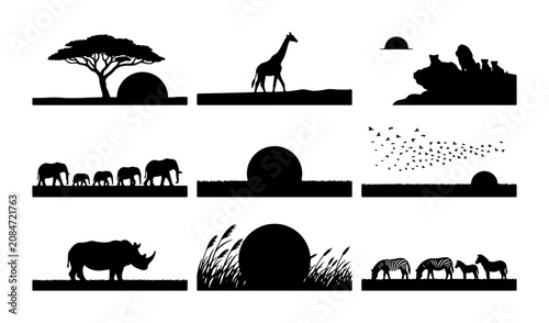 Photography African Wildlife Silhouettes, Safari Animals Collection, Savanna Landscape Eleme
