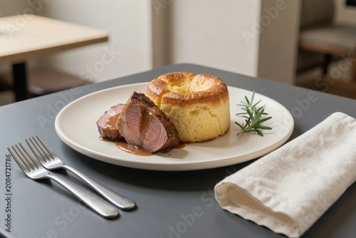 Plate of Yorkshire Pudding with succulent roast beef tenderloin, caramel sauce, sprig of rosemary. Concept of comfort food featuring batter pudding served with roast beef.