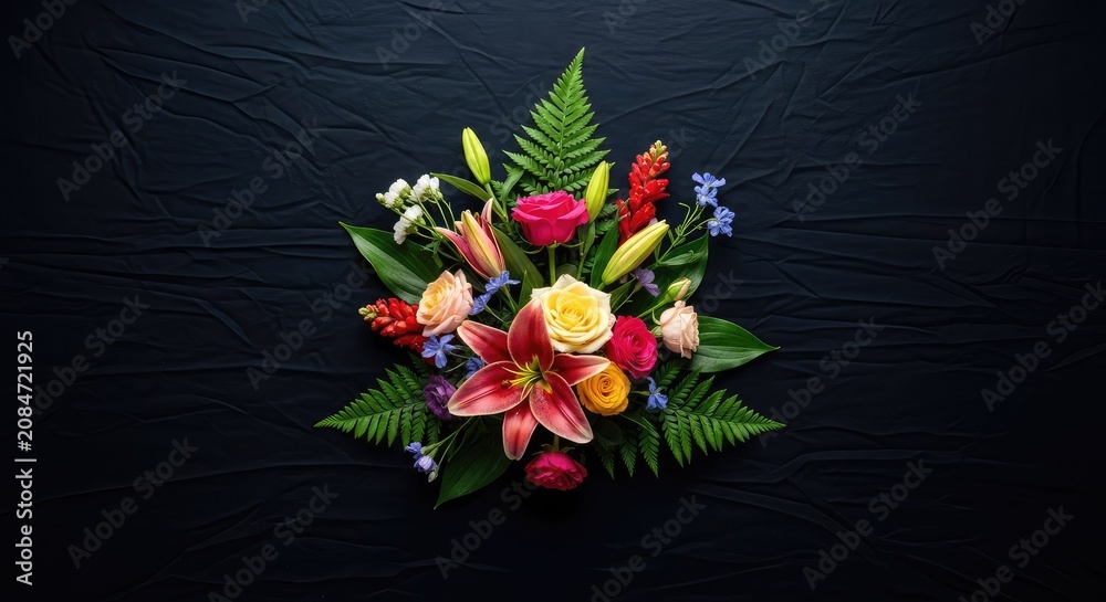 Fototapeta premium An intricate composition of colorful blossoms and lush green leaves creates a bold contrast against a deep dark solid black textile backdrop, blossoming., aesthetic, botanical