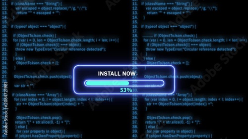 Dynamic software installation progress bar overlaying complex blue programming code background, for tech tutorials, cyber security presentations, digital development projects, and futuristic ui