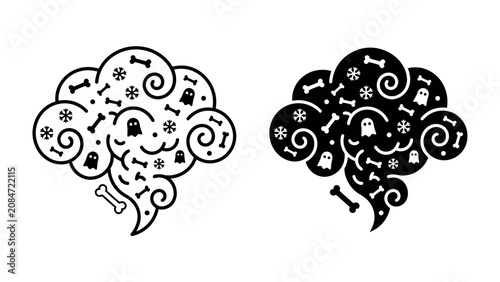 Obraz na plátně Haunted Mind: Two stylized brain shapes filled with playful ghost and bone icons, representing spooky thoughts or a Halloween-themed concept