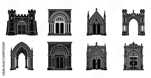 Foto Romanesque and Gothic facades, cathedral architecture silhouettes, medieval arch