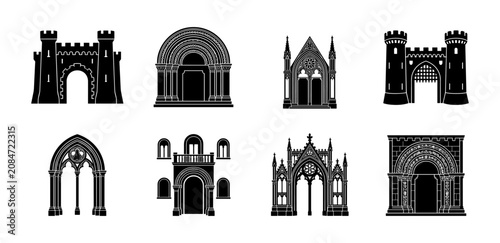 Bild auf Leinwand Romanesque and Gothic arches, medieval gateway silhouettes, cathedral tracery ve
