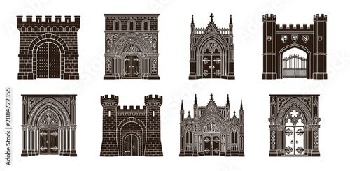 Fotografía Romanesque and Gothic arches, medieval gateway silhouettes, cathedral tracery ve