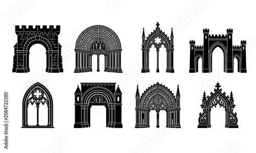 Foto Gothic and Romanesque arches, medieval facade silhouettes, castle gateway vector