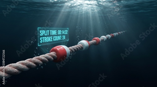Futuristic Underwater View of Swimming Pool Lane Line with Digital Data HUD Showing Split Time and Stroke Count for Athlete Performance Tracking