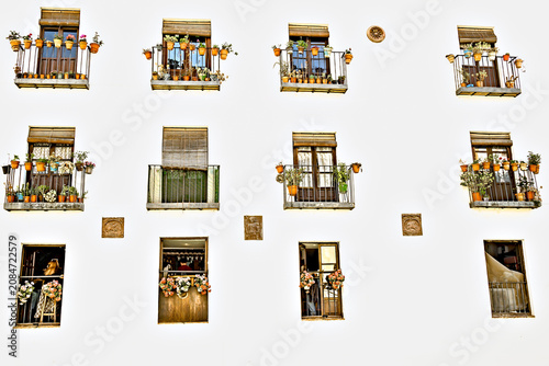 White Andalusian-style facade with wrought-iron balconies decorated with flowerpots, Granada, Andalusia, Spain