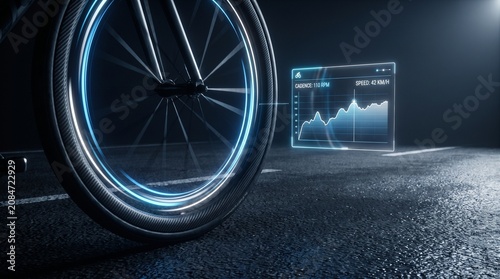 High-performance carbon fiber bicycle wheel with integrated light and holographic HUD displaying real-time speed and cadence data on dark asphalt at night.