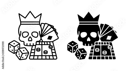 Εκτύπωση καμβά Skull King of Games: A stark illustration depicting a skull wearing a crown, surrounded by dice, playing cards, and a game board, symbolizing a morbid fascination with chance and strategy
