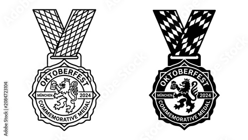Obraz na płótnie Oktoberfest Commemorative Medal Icon Set: A stylized graphic icon set showcasing the Oktoberfest commemorative medal in two distinct outline and solid black variations