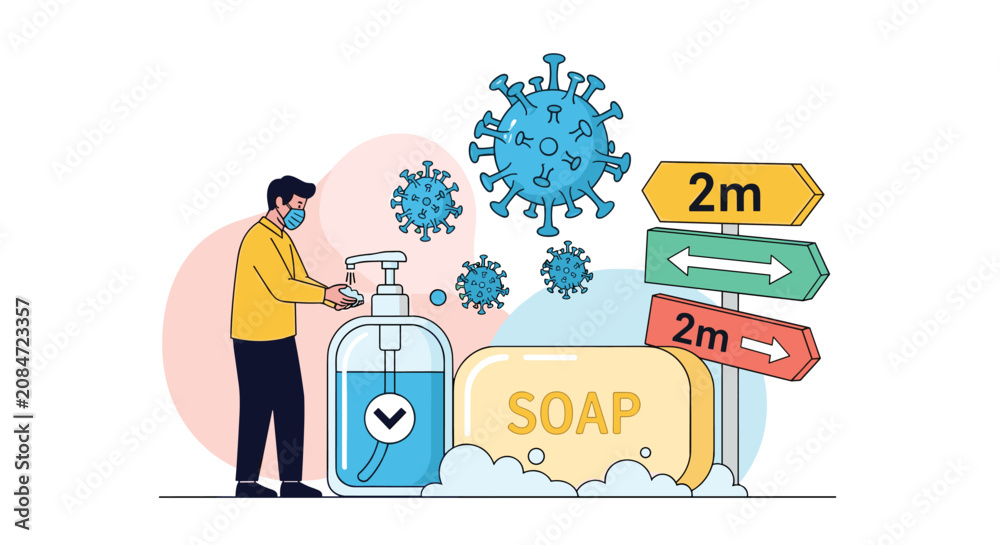 Naklejka premium Man wearing protective face mask washing hands with soap next to giant sanitizer bottle and social distancing signs.