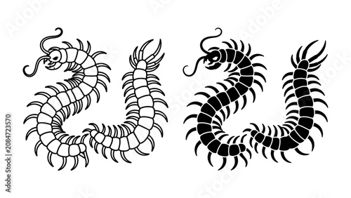 Foto Centipede Symbol: Two stylized centipede illustrations, one in black and white outline and the other in solid black, depicting the creature with its many legs and segmented body