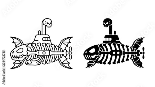 Obraz na płótnie Scary Skeleton Submarine: A whimsical yet spooky illustration of a submarine designed as a fish skeleton, complete with bat-like fins and a skull-adorned periscope