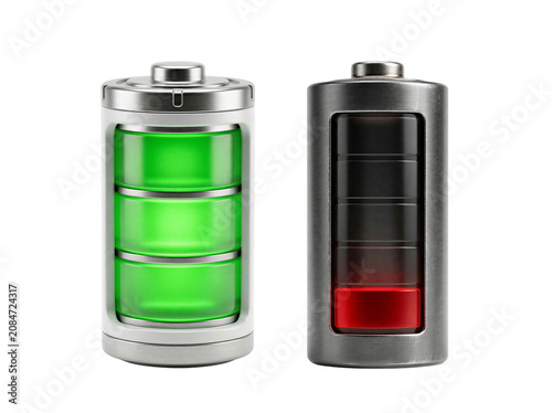 A fully charged battery and a low battery side by side comparison isolated on a transparent background