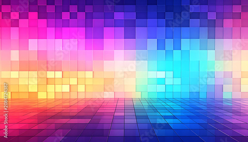 abstract background with colorful gradient squares forming a digital landscape, radiating light