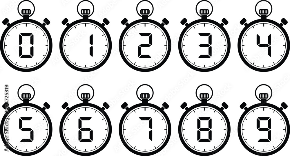 Fototapeta premium Mechanical Stopwatch Icon Set with Digital Seven Segment Numbers Zero to Nine for Countdown Timers, Sports Track Competitions, and Deadline Management Interface Designs