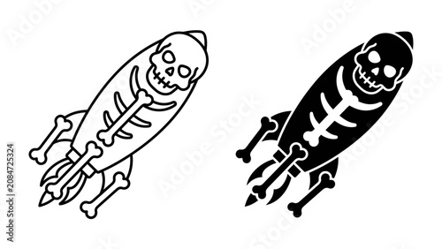 Obraz na plátně Spooky Rocketship Skeleton Illustration: A stylized rocket ship designed to resemble a skeleton, depicted in both outline and solid black versions, blasting off with fiery exhaust