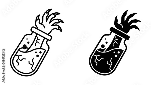Bild auf Leinwand Mysterious Potion with Monster Hand: A gnarled, monstrous hand with sharp claws emerges from a cracked glass bottle filled with swirling liquid, symbolizing dark magic or a strange concoction