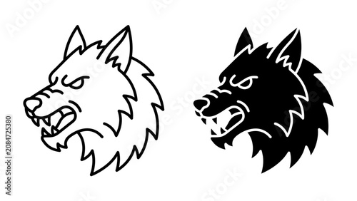 Tableau sur toile Wolf Head Icon: A stylized depiction of a wolf's head in both outline and silhouette, conveying a sense of power and fierceness