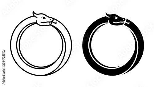 Obraz na plátně Ouroboros Symbols: Two contrasting Ouroboros symbols, one outlined in black and white and the other in solid black, depict the ancient mythological serpent consuming its own tail