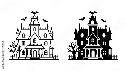 Foto Spooky Haunted House Silhouette: A classic haunted mansion illustration, complete with ominous bats and bare trees, depicted in both outline and silhouette forms for a versatile Halloween graphic