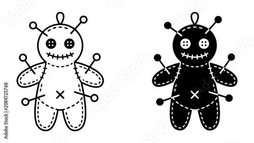Obraz na płótnie Voodoo Doll Icon Set: A set of stylized voodoo doll icons, one in outline and the other solid black, symbolizing magic, curse, and folklore, suitable for a variety of graphic design applications