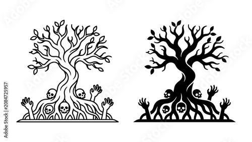 Fotografie The Tree of Life and Death: An artistic representation of the cycle of life and death, with a stylized tree's roots entwined with skulls and emerging hands