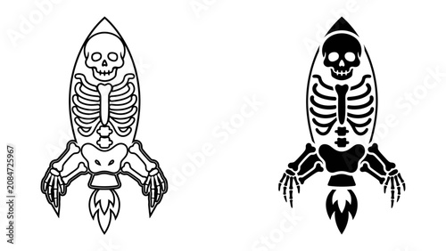 Tableau sur toile Skeleton Rocket Illustration: A stylized illustration of a rocket ship designed with a skeleton motif, with fins resembling skeletal legs and a skeletal structure within the rocket
