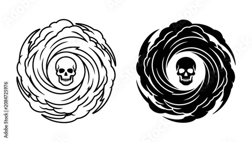 Foto Hurricane Skull Icon: Two stylized hurricane symbols, one in black and white outline and the other in solid black, each featuring a skull at its swirling center