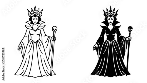 Foto Evil Queen: A regal depiction of an evil queen, adorned with a crown and a scepter topped with a skull, wearing a majestic gown