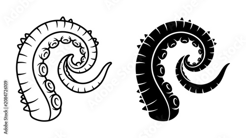Photos Tentacle Duo: A pair of detailed illustrations, one in black and white outline and the other a solid black silhouette, showcasing a stylized tentacle with its signature suckers and curling form