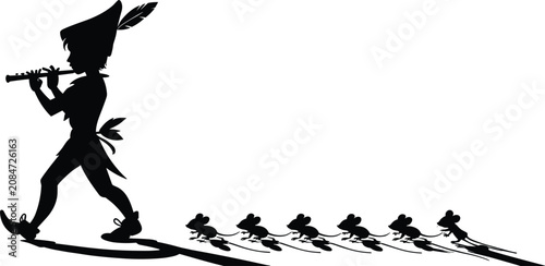 Foto Black silhouette of the pied piper character playing a flute while leading a lin