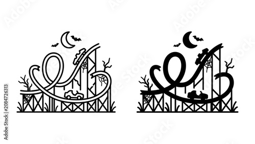 Canvastavla Roller Coaster Thrill: A stylized depiction of a roller coaster at night, featuring loops, drops, and a spooky Halloween theme with bats and a crescent moon, evoking excitement and adventure