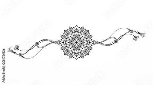 Detailed black and white line art illustration of a rakhi bracelet with illustration monochrome ornament bracelet