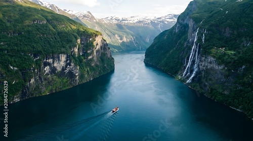 Small boat sailing through a deep blue fjord with steep mountains and waterfalls in a serene natural landscape