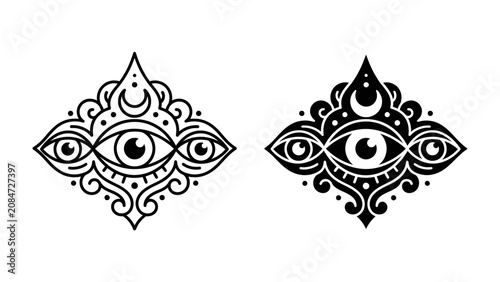 Konstfotografi Mystical Third Eye Symbol: An artistic representation of the mystical third eye, adorned with celestial crescent moon and intricate decorative elements, symbolizing insight and spiritual awareness