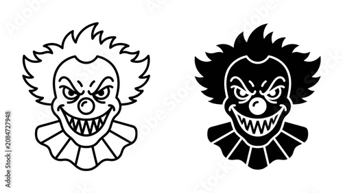 Foto Sinister Clown Faces: Two contrasting illustrations of a clown's face, one outlined and the other solid black, reveal a menacing grin and piercing eyes, designed to evoke unease and thrill