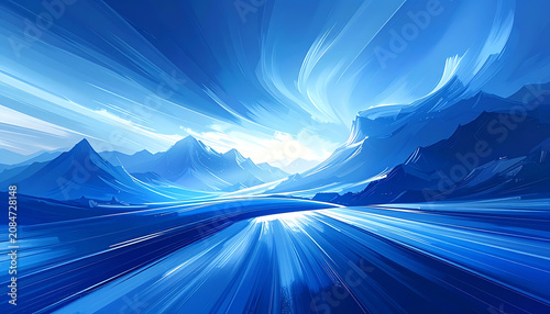 Abstract blue digital landscape with mountains and water, digital art, aurora borealis effect
