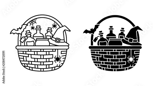 Quadro su tela Halloween Basket Icon Duo: A charming pair of icons depicting a woven basket filled with spooky Halloween essentials like potion bottles, a witch hat, and spiderwebs