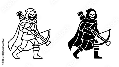 Quadro su tela Grim Reaper Archer Silhouette: A striking graphic depicts a cloaked figure with a skull for a face, wielding a crossbow and a quiver of arrows, ready for action
