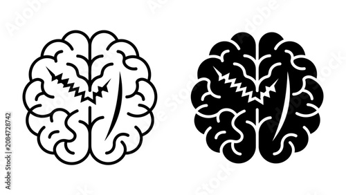 Tableau sur toile Brainstorming Icons: A stylized illustration showcasing two brains, one in outline and the other in solid black, both depicting a dynamic representation of thought and neurological activity