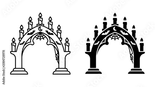 Bild auf Leinwand Gothic Arch with Candles: An ornate Gothic archway adorned with flickering candles, bats, and cobwebs, presented in both outline and solid black silhouettes