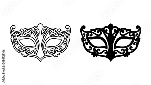 Tableau sur toile Ornate Mask Pair: A decorative masquerade mask, rendered in both outline and silhouette, adorned with intricate scrollwork and elegant swirls, symbolizing mystery and festivity