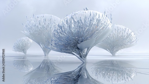 Abstract crystalline ice formations resembling ethereal trees in a serene, minimalist winter landscape.